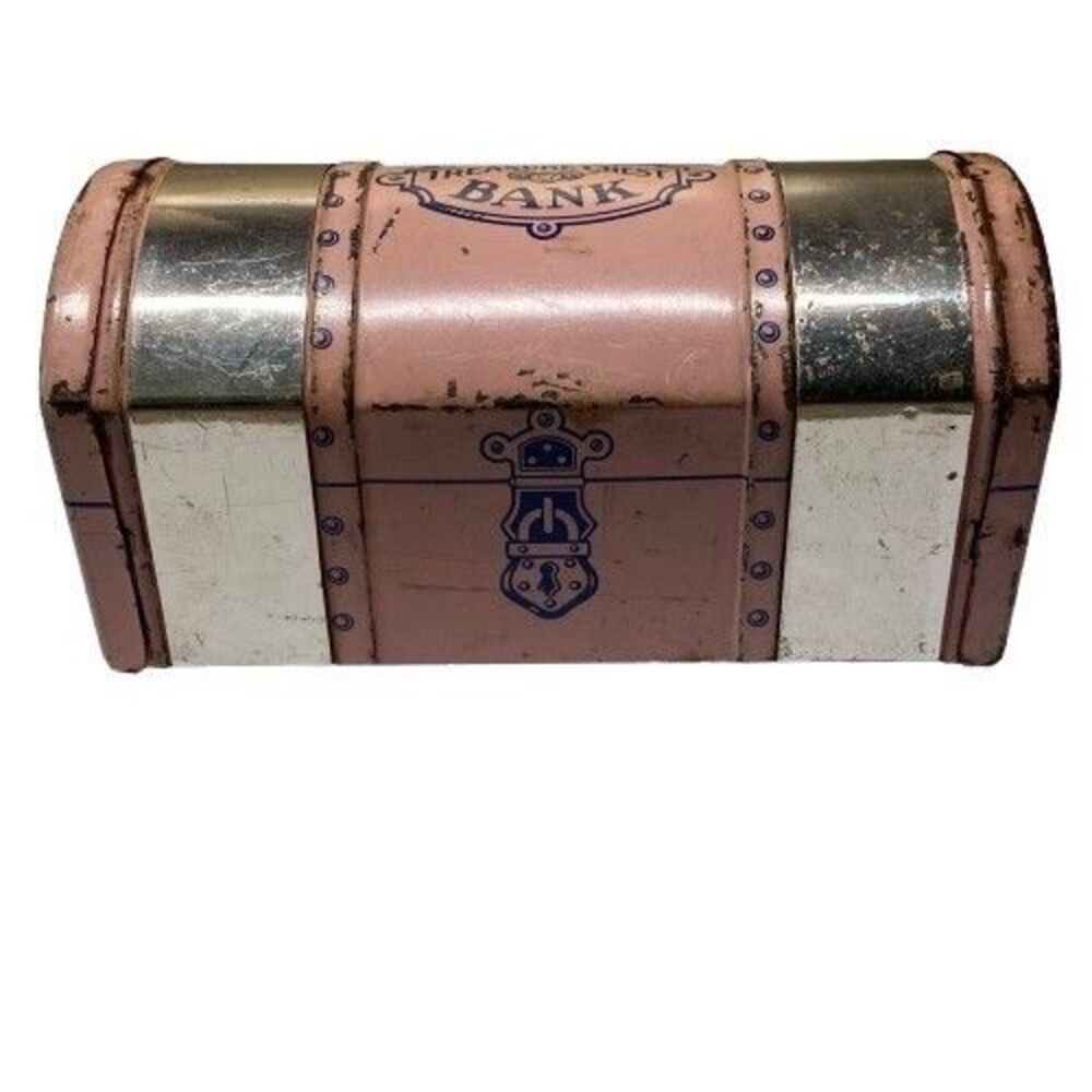 Vintage J Chein Tin Litho Treasure Chest Coin Bank Pink Original Trap Door